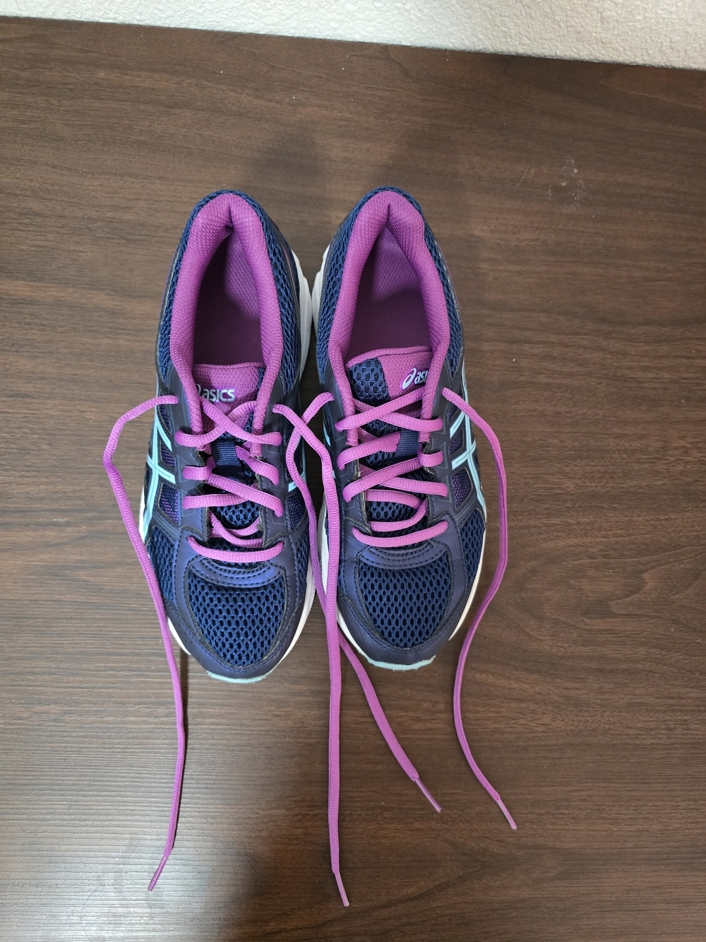 Asics Navy Girl Running Shoes with Pink Accents